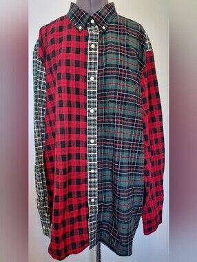 Chaps Red and Green Plaid Mixed-Panel Button-Down Shirt